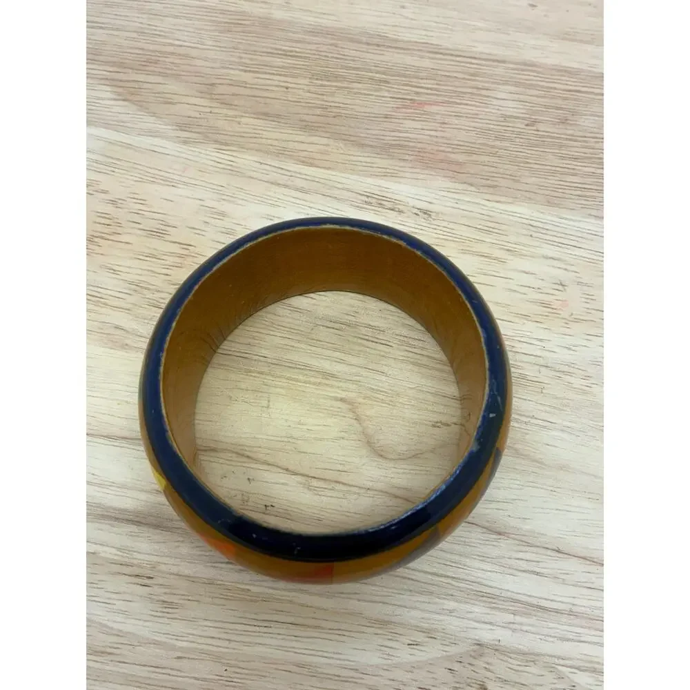 Vintage Wide Wooden Bangle Bracelet | Hand Painted Geometric Boho Bracelet